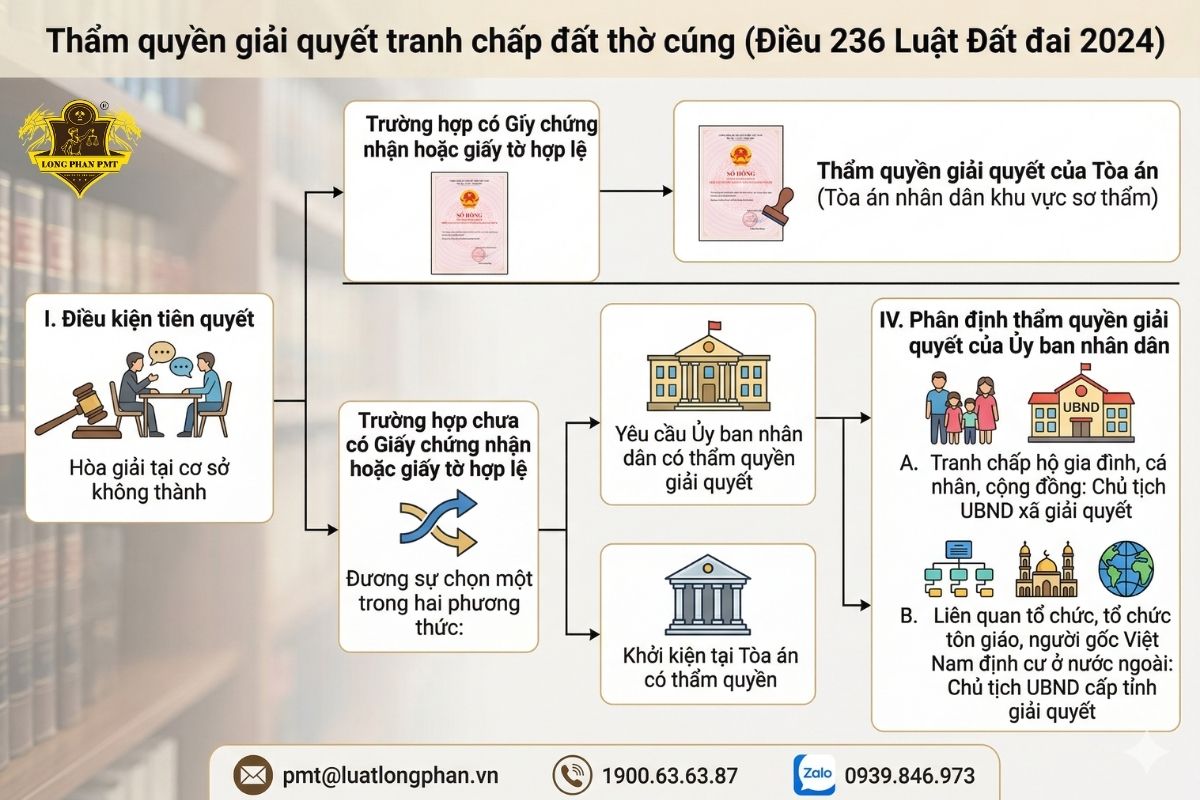 Xác định thẩm quyền giải quyết tranh chấp đất đai thờ cúng theo Điều 236 Luật Đất đai 2024.
