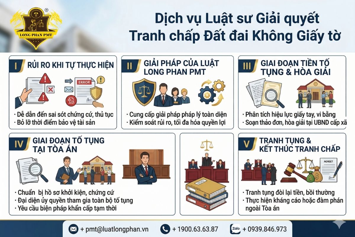 Dịch vụ Luật sư Luật Long Phan PMT hỗ trợ giải quyết tranh chấp đất đai không có giấy tờ pháp lý an toàn.