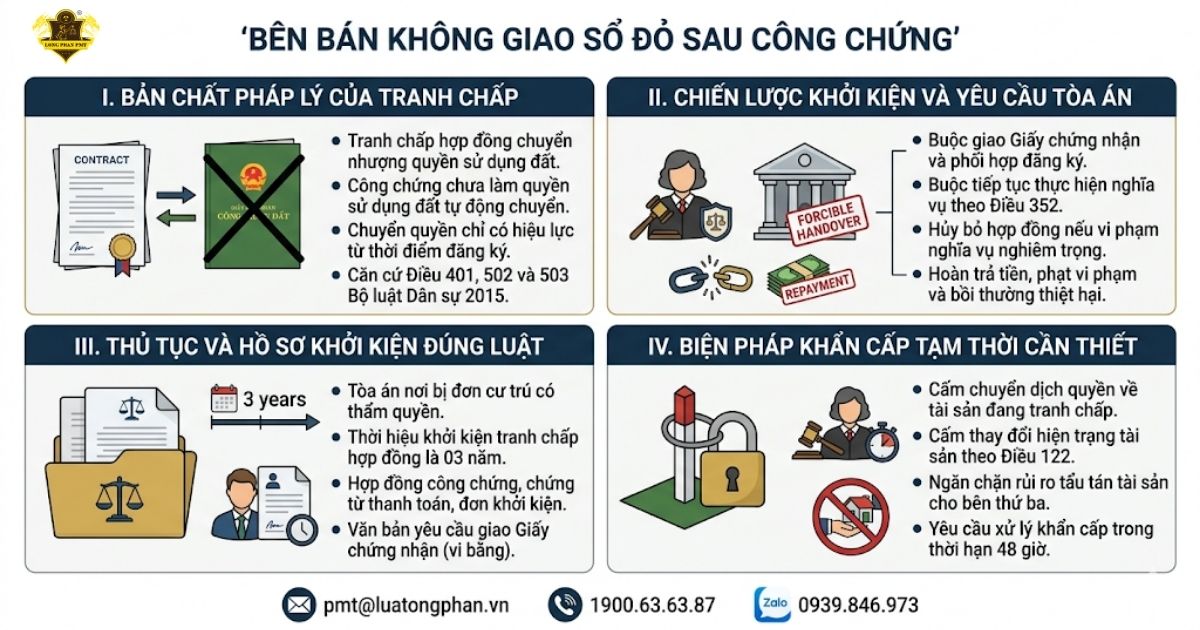 Quy trình pháp lý xử lý trường hợp bên bán không giao sổ đỏ sau khi công chứng hợp đồng.
