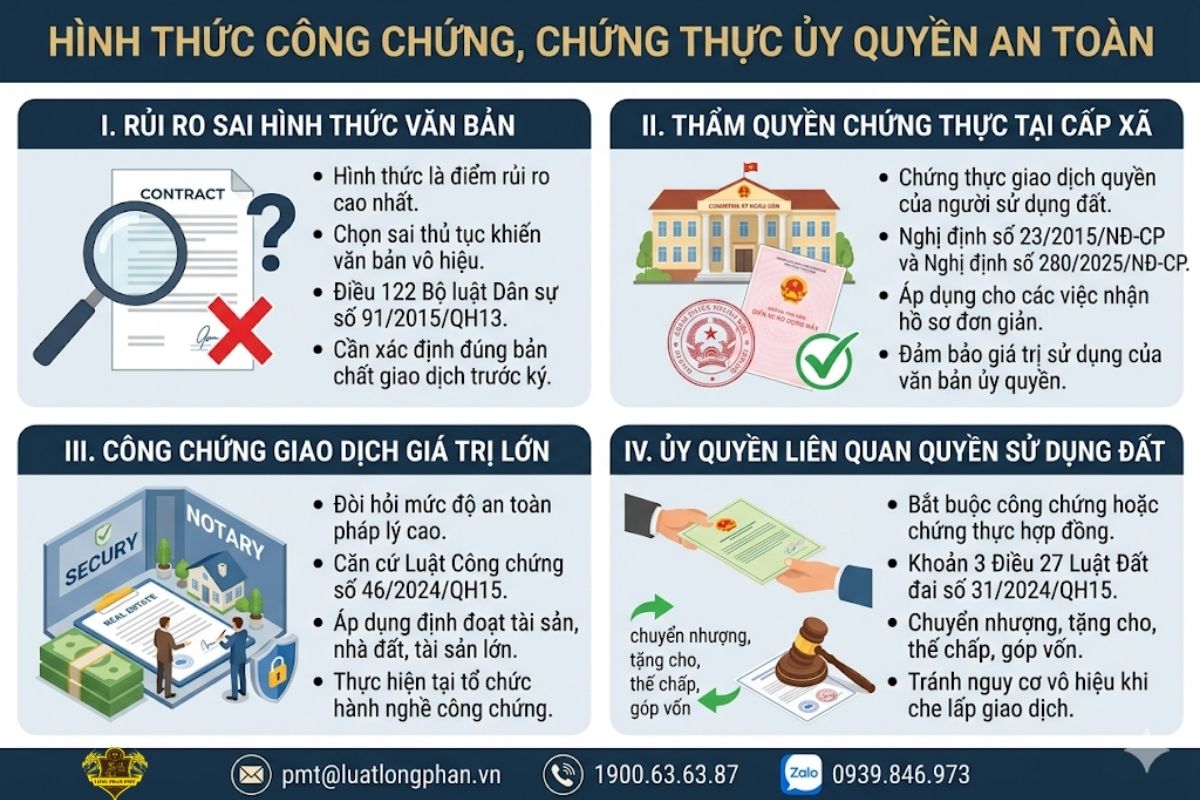 Quy định về hình thức công chứng và chứng thực văn bản ủy quyền để tránh vô hiệu.
