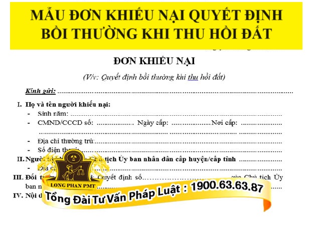 Mẫu đơn khiếu nại quyết định bồi thường khi thu hồi đất
