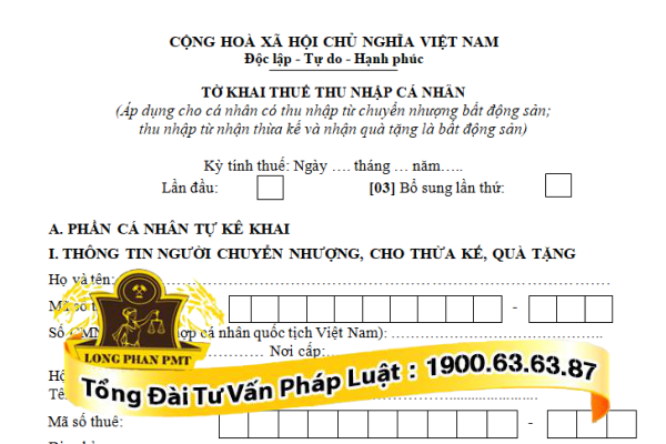 Mẫu Tờ Khai Thuế Thu Nhập Cá Nhân Khi Mua Nhà Đất - Luật Long Phan