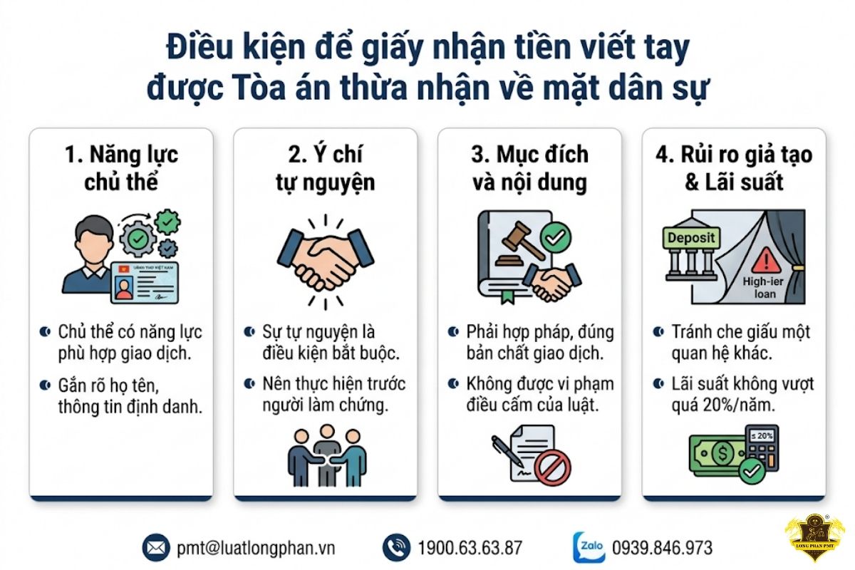 Chi tiết về các điều kiện pháp lý để giấy nhận tiền viết tay được Tòa án thừa nhận về mặt dân sự.