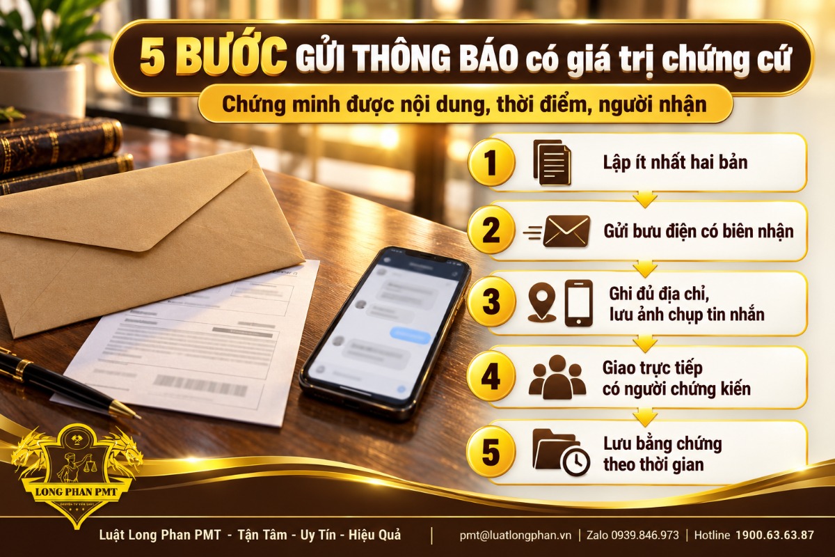 Năm bước gửi thông báo yêu cầu trả nhà đất có giá trị chứng cứ: lập hai bản, gửi biên nhận, lưu bằng chứng