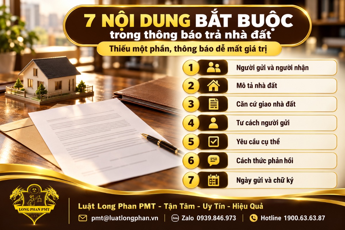 7 nội dung cần có trong thông báo yêu cầu trả nhà đất: người gửi, nhận, mô tả nhà đất, căn cứ, yêu cầu, phản hồi, chữ ký