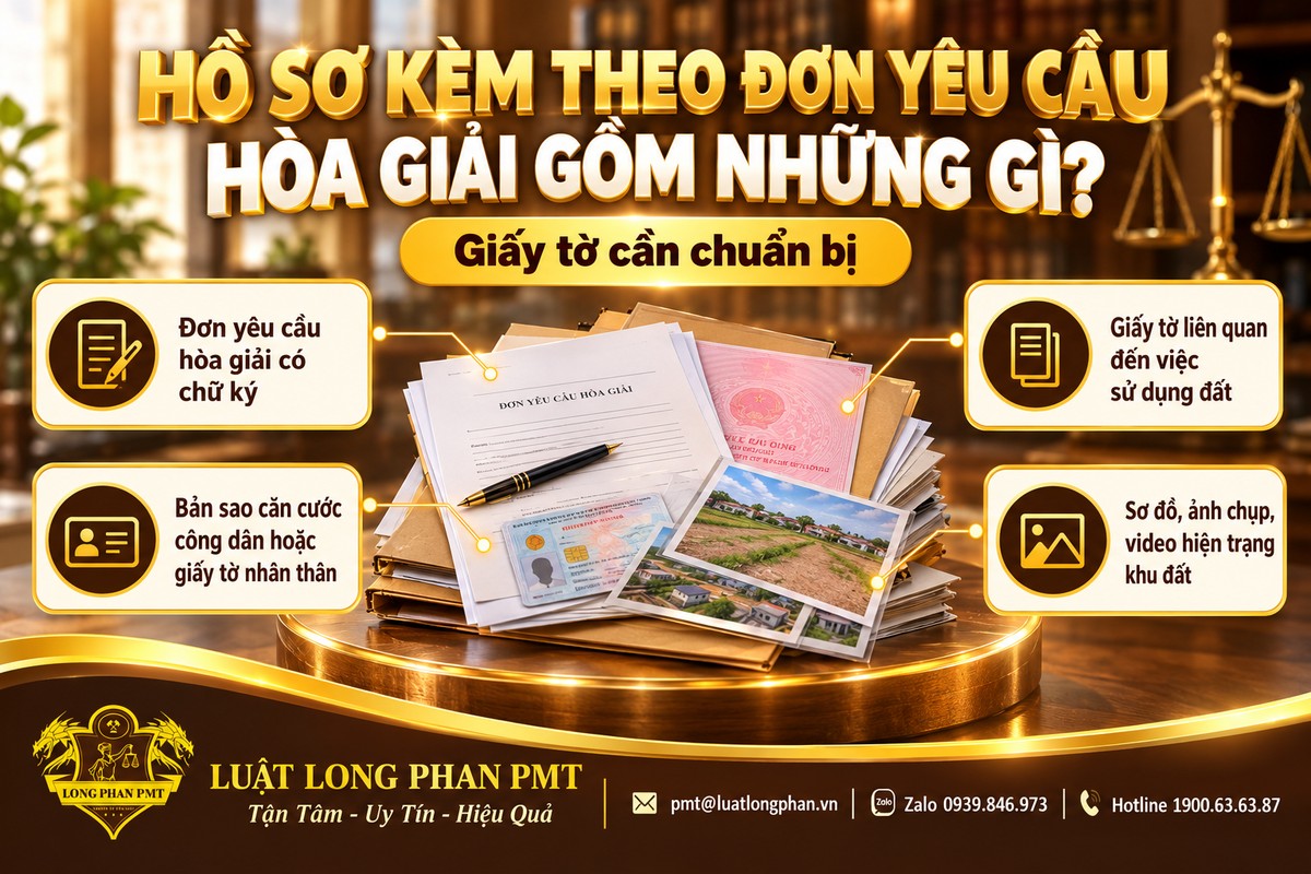 Hồ sơ kèm theo đơn yêu cầu hòa giải tranh chấp đất đai gồm giấy tờ nhân thân, giấy tờ đất và sơ đồ hiện trạng
