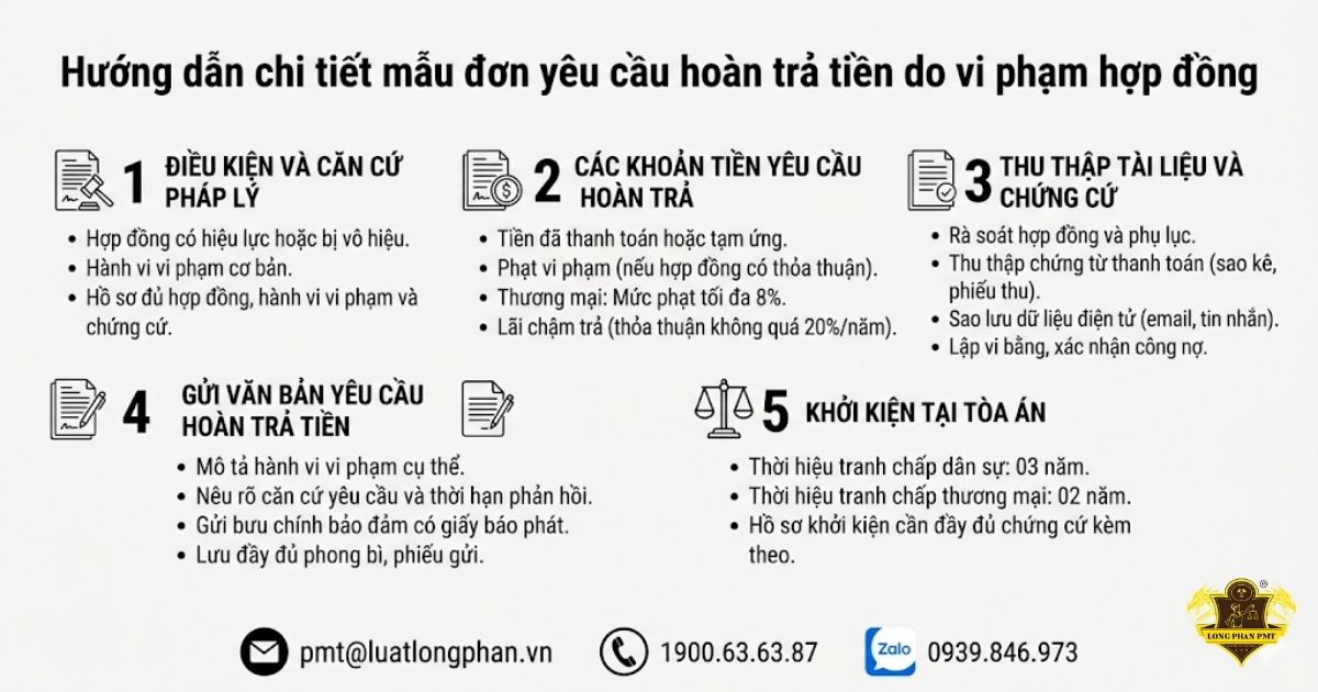 Hướng dẫn chi tiết các bước trong đơn yêu cầu hoàn trả tiền vi phạm hợp đồng