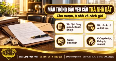 Thông báo yêu cầu trả nhà đất cho mượn, ở nhờ đặt cạnh hồ sơ, phong bì và ngôi nhà