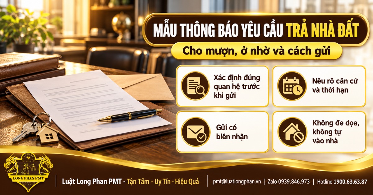 Thông báo yêu cầu trả nhà đất cho mượn, ở nhờ đặt cạnh hồ sơ, phong bì và ngôi nhà