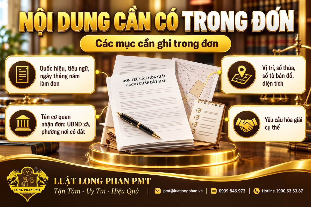 Các mục cần ghi trong đơn yêu cầu hòa giải tranh chấp đất đai gồm cơ quan nhận đơn, thông tin thửa đất và yêu cầu cụ thể
