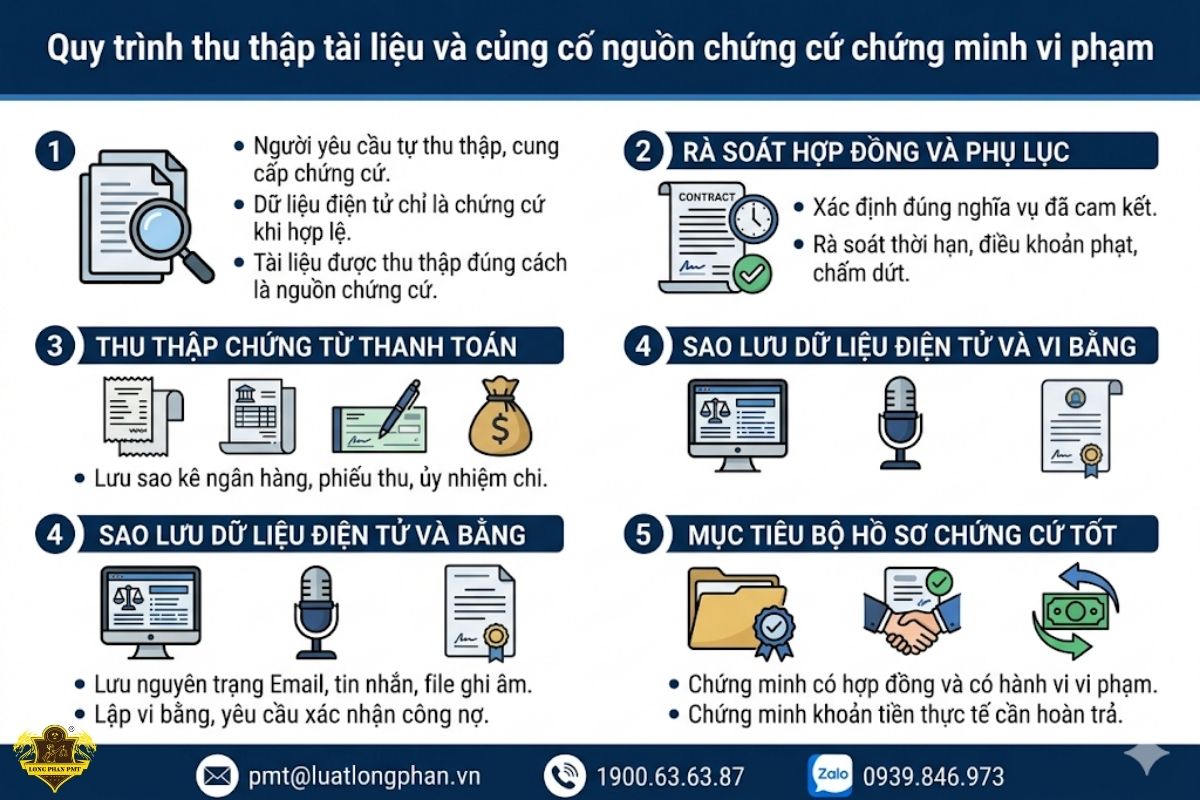 Quy trình thu thập tài liệu và củng cố nguồn chứng cứ chứng minh vi phạm hợp đồng 
