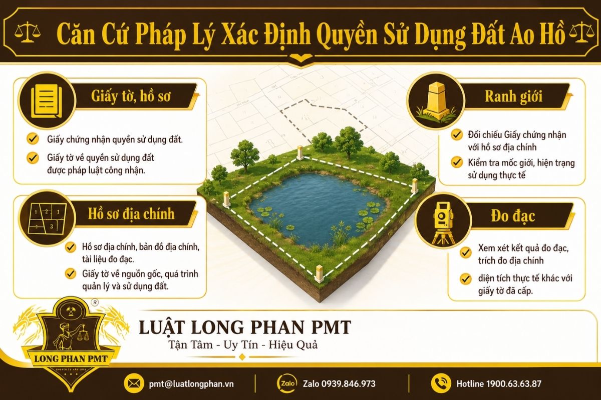 Căn cứ xác định quyền sử dụng đất ao hồ qua giấy chứng nhận, hồ sơ địa chính, nguồn gốc và ranh giới.