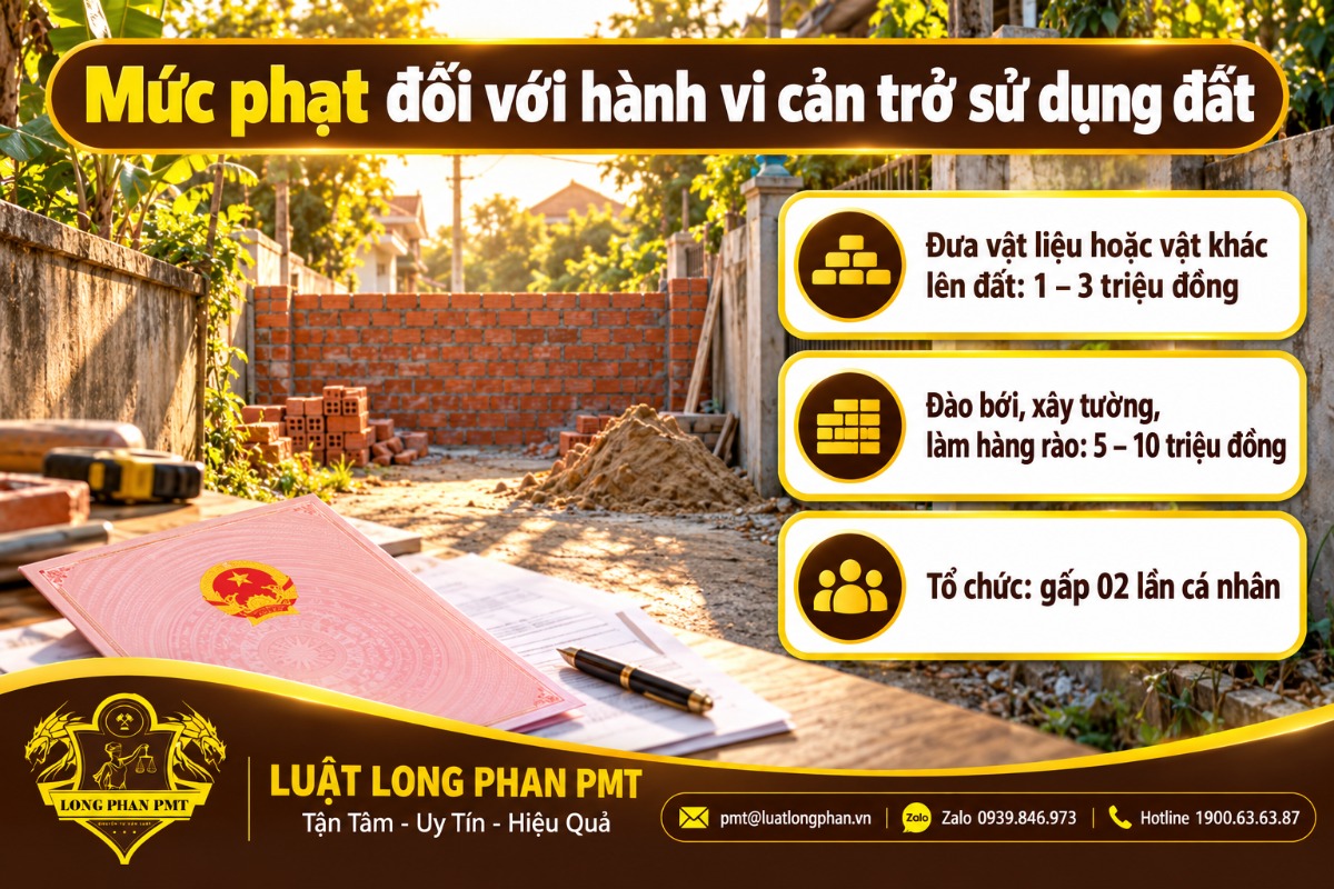 Mức phạt hành vi cản trở sử dụng đất: đưa vật liệu lên đất 1-3 triệu đồng, xây tường, hàng rào 5-10 triệu đồng