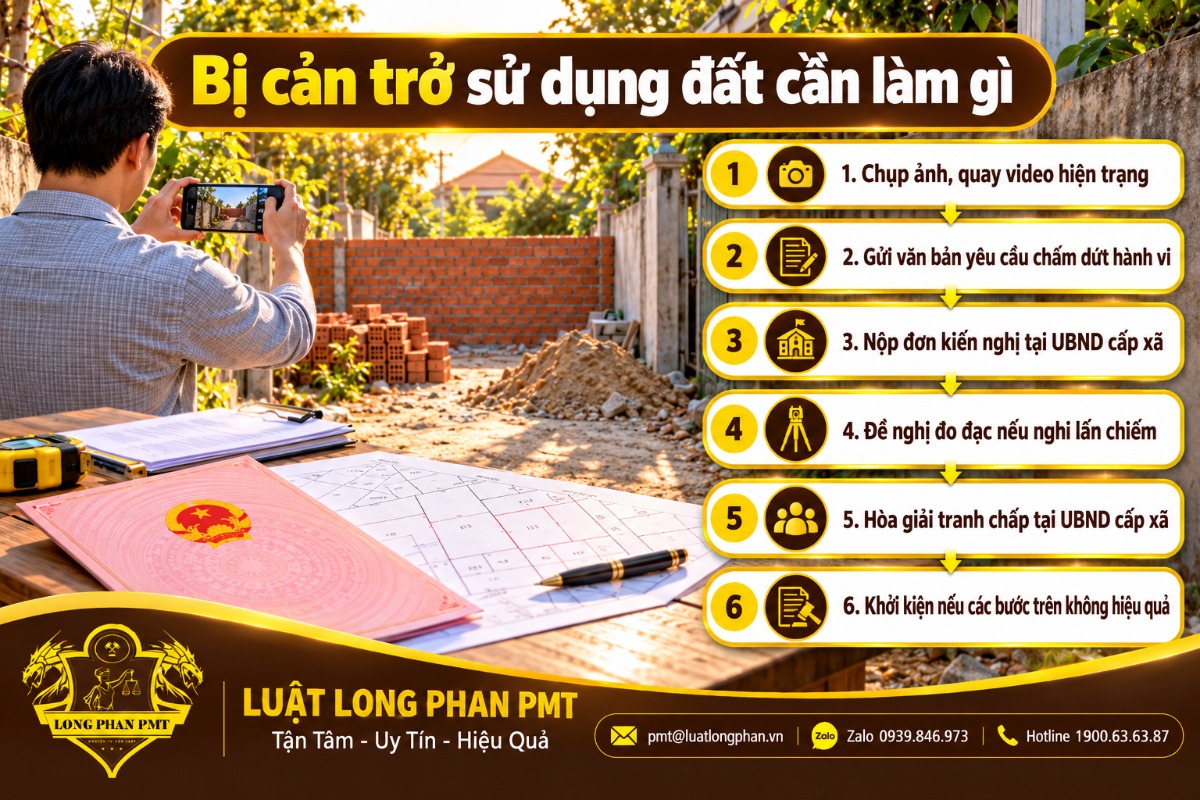 6 bước xử lý khi bị cản trở sử dụng đất: chụp ảnh hiện trạng, kiến nghị UBND cấp xã, hòa giải, khởi kiện
