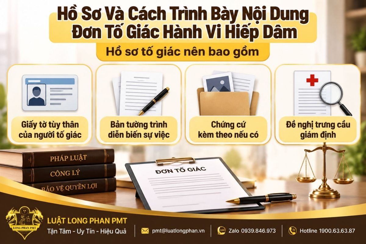 Hồ sơ tố giác hành vi hiếp dâm gồm giấy tờ, bản tường trình, chứng cứ và đề nghị giám định.