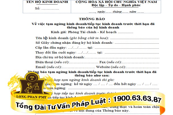 Mẫu thông báo tạm ngừng kinh doanh của hộ gia đình