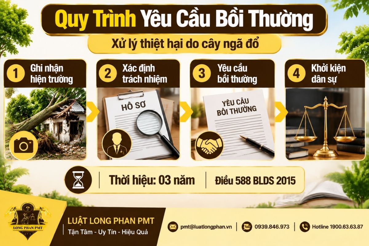 Quy trình yêu cầu bồi thường khi cây ngã đổ gây thiệt hại tài sản.