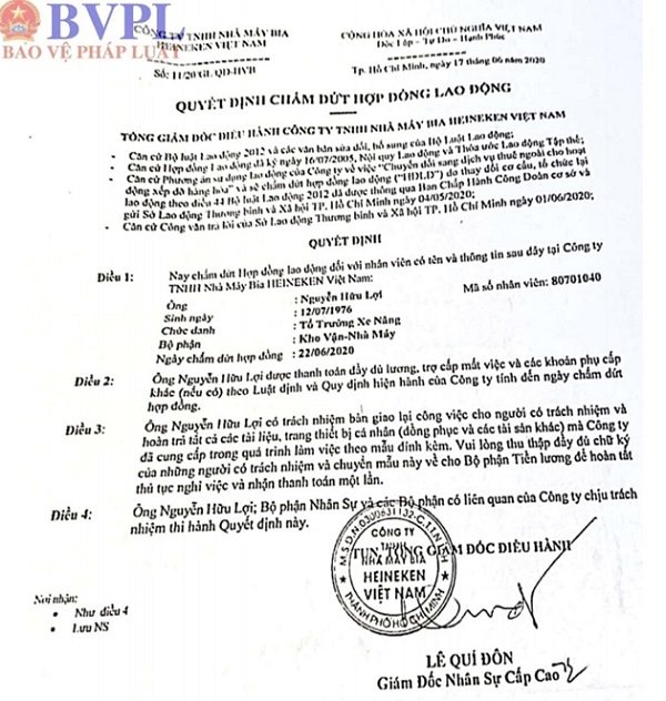 Quyết định chấm dứt hợp đồng lao động