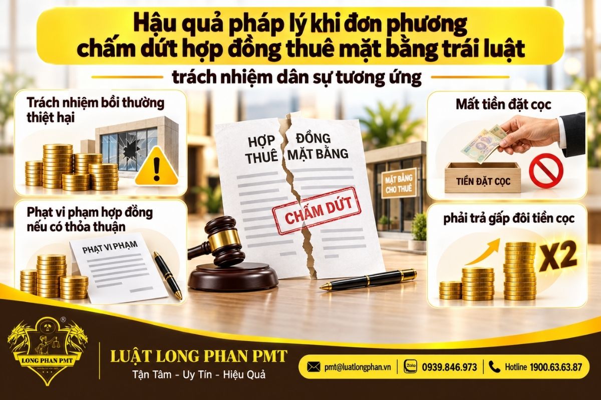Hậu quả chấm dứt hợp đồng thuê mặt bằng trái luật về bồi thường, phạt và tiền cọc.