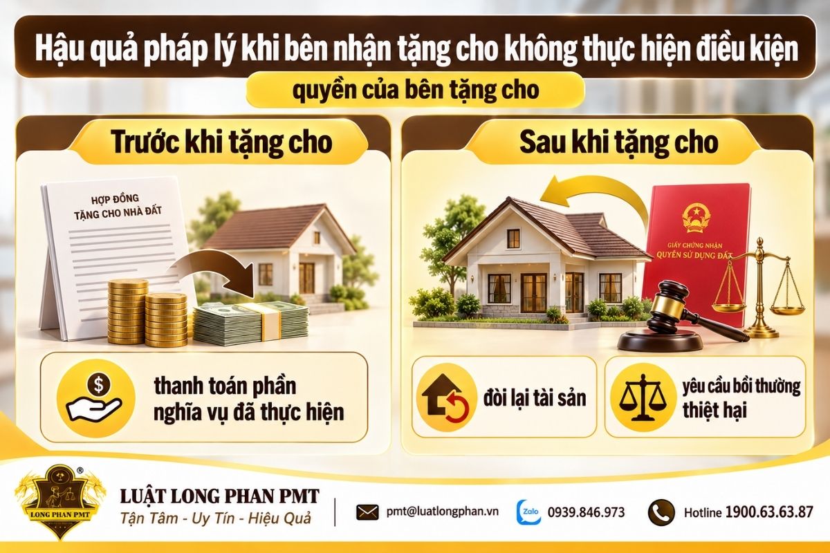 Hậu quả khi bên nhận không thực hiện điều kiện tặng cho trước hoặc sau khi nhận tài sản.