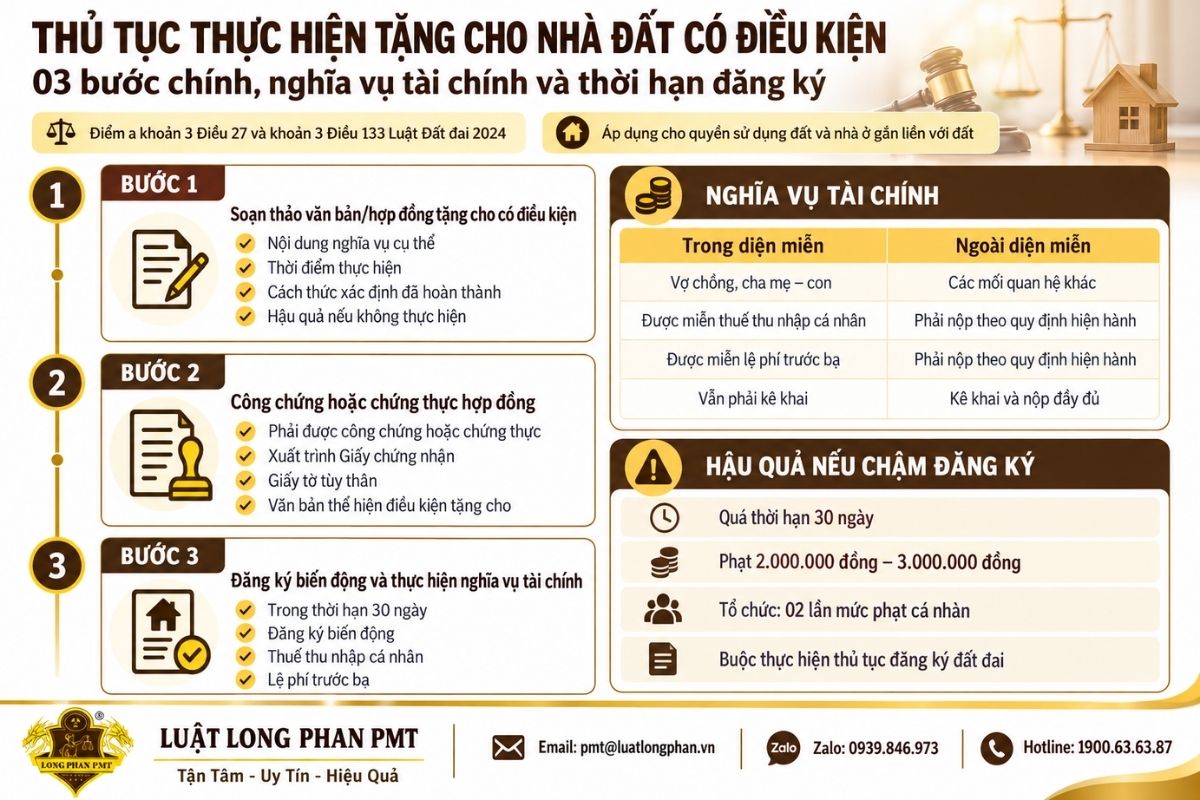 Thủ tục thực hiện tặng cho nhà đất có điều kiện qua 3 bước.