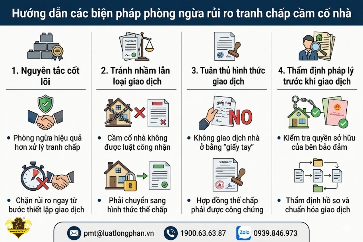 Hướng dẫn chi tiết các biện pháp phòng ngừa rủi ro tranh chấp cầm cố nhà thông qua 4 bước cơ bản.