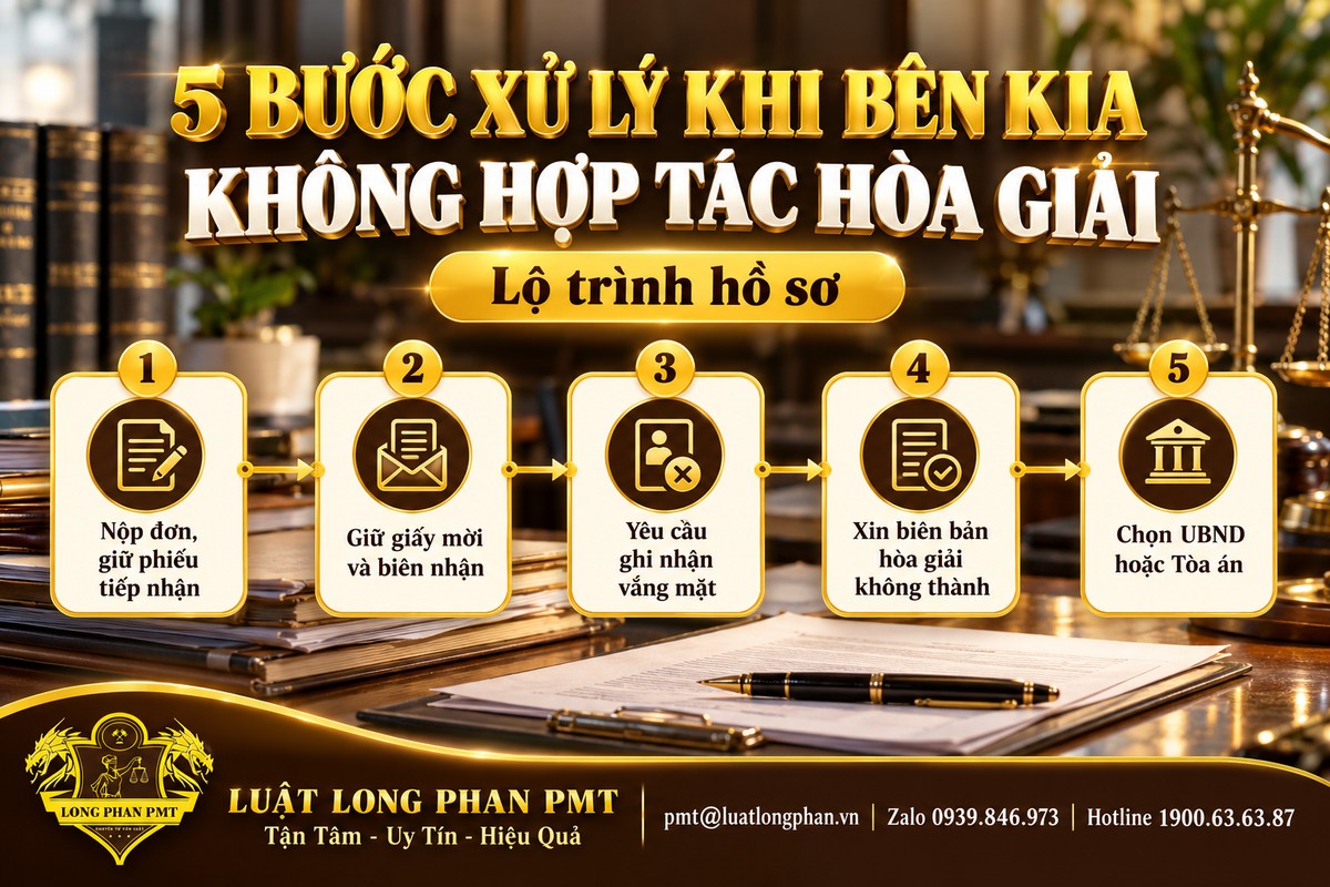 Năm bước xử lý khi bên kia không hợp tác hòa giải: nộp đơn, giữ giấy mời, ghi nhận vắng mặt, xin biên bản, chọn cơ quan