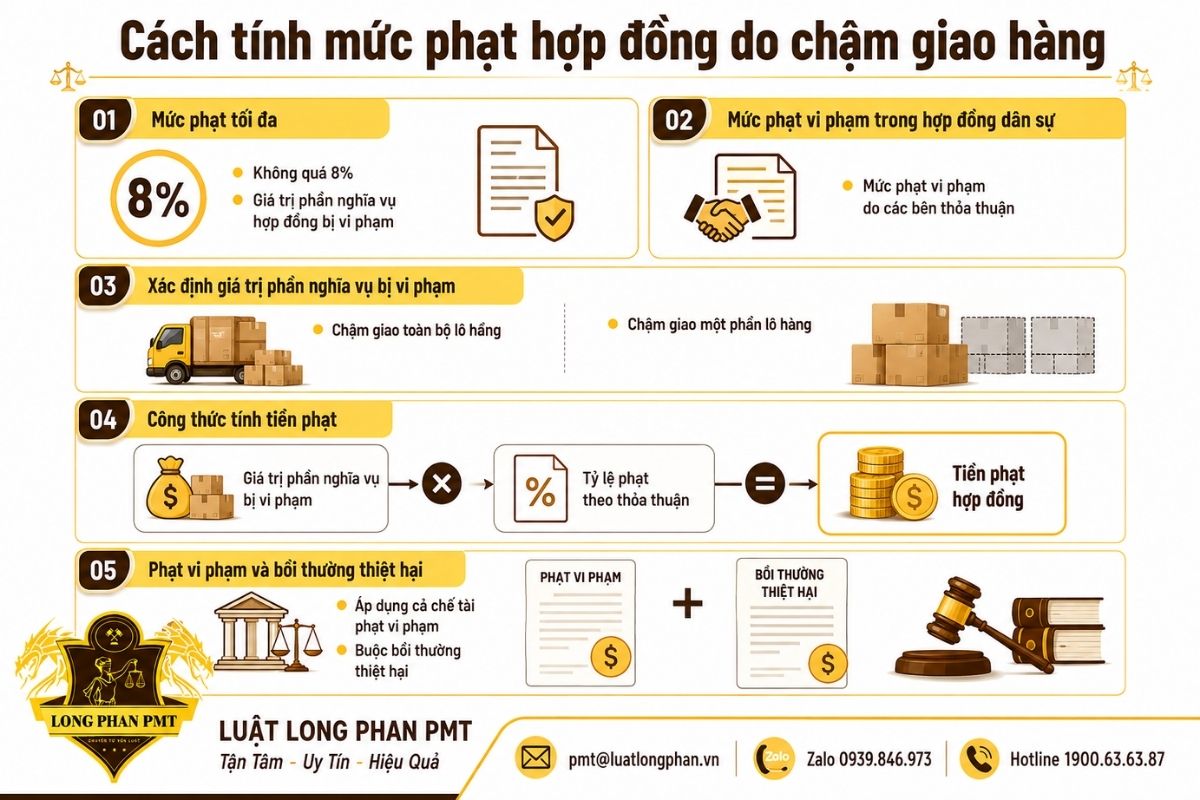 Cách tính mức phạt chậm giao hàng dựa trên giá trị phần nghĩa vụ bị vi phạm và tỷ lệ phạt thỏa thuận