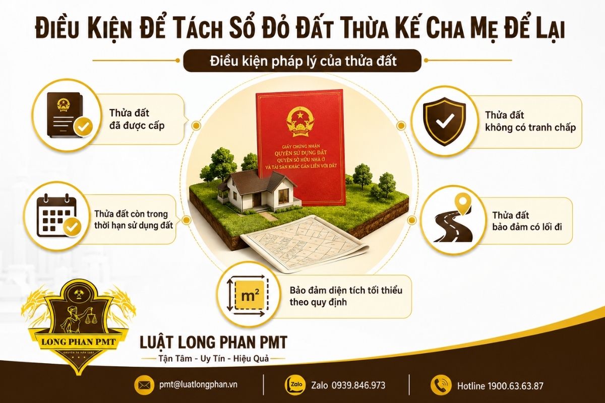 Điều kiện tách thửa đất thừa kế về giấy chứng nhận, tranh chấp, lối đi và diện tích.