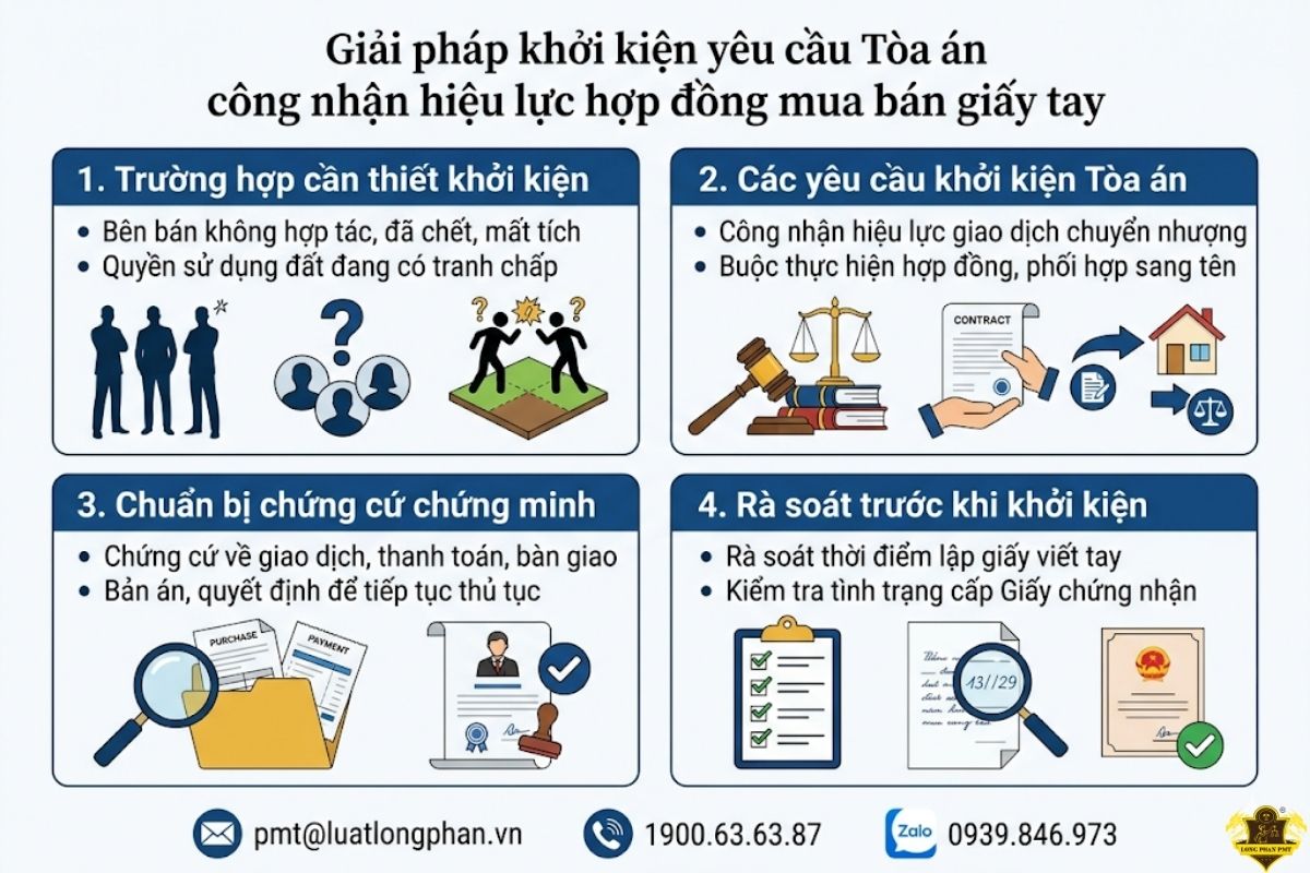 Khởi kiện công nhận hiệu lực hợp đồng mua bán giấy tay tại Tòa án.