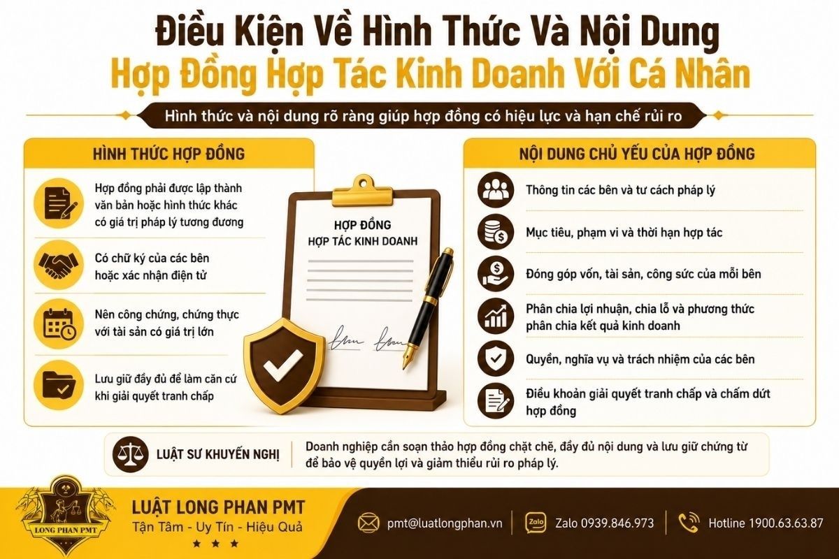 Hình thức và nội dung hợp đồng hợp tác kinh doanh giữa công ty với cá nhân.