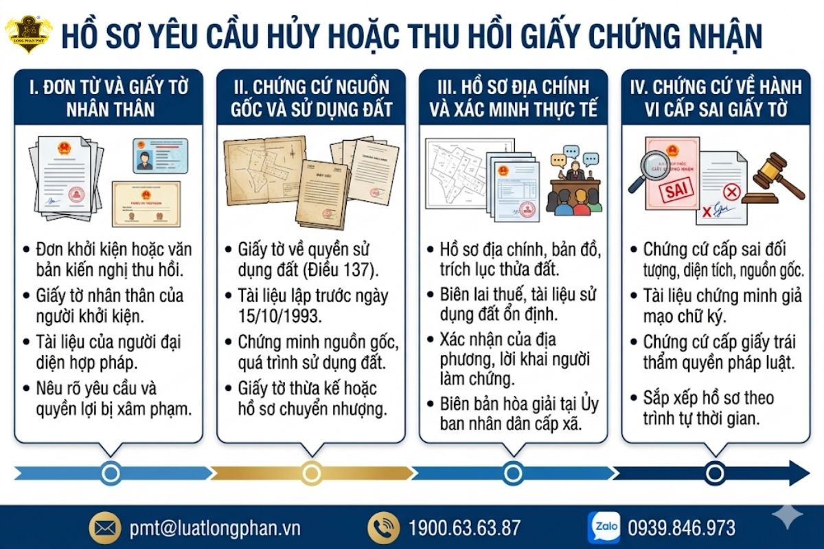 Danh mục các tài liệu cần thiết trong hồ sơ yêu cầu hủy hoặc thu hồi Giấy chứng nhận cấp sai. 