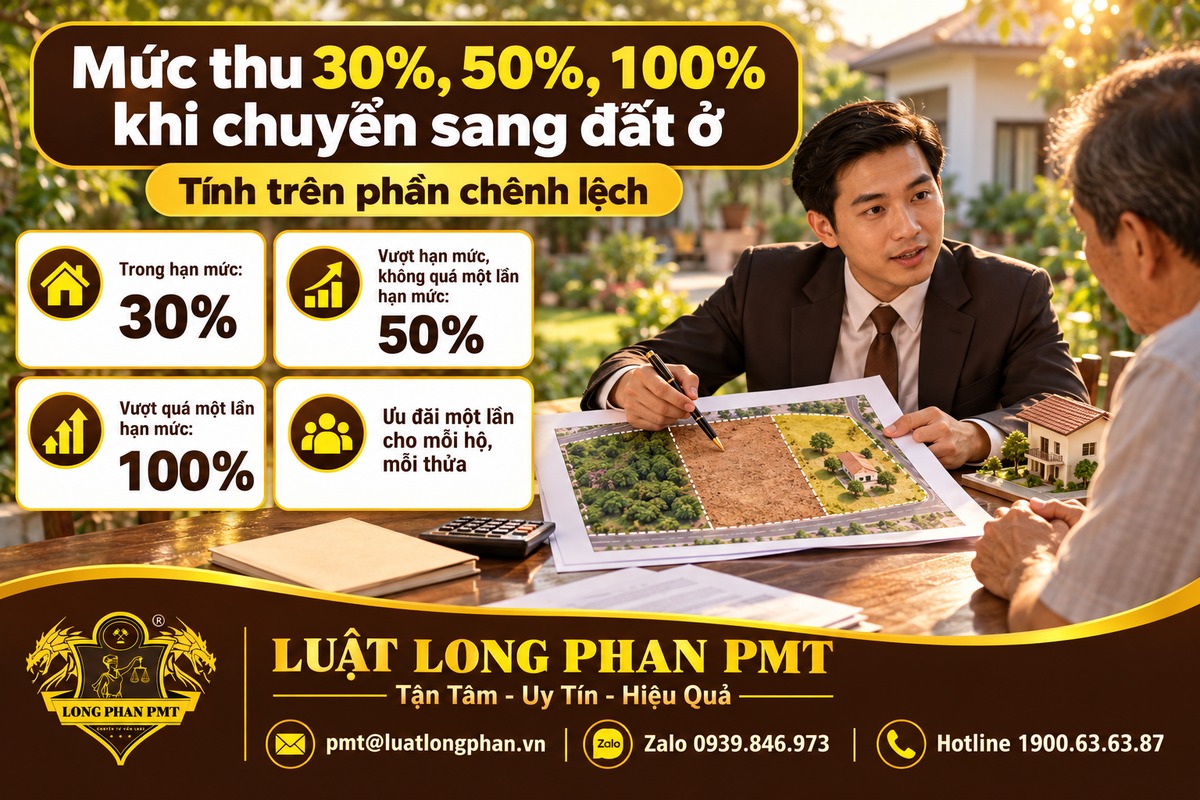Mức thu 30%, 50%, 100% khi chuyển mục đích sử dụng đất sang đất ở và cách tính khoản phải nộp