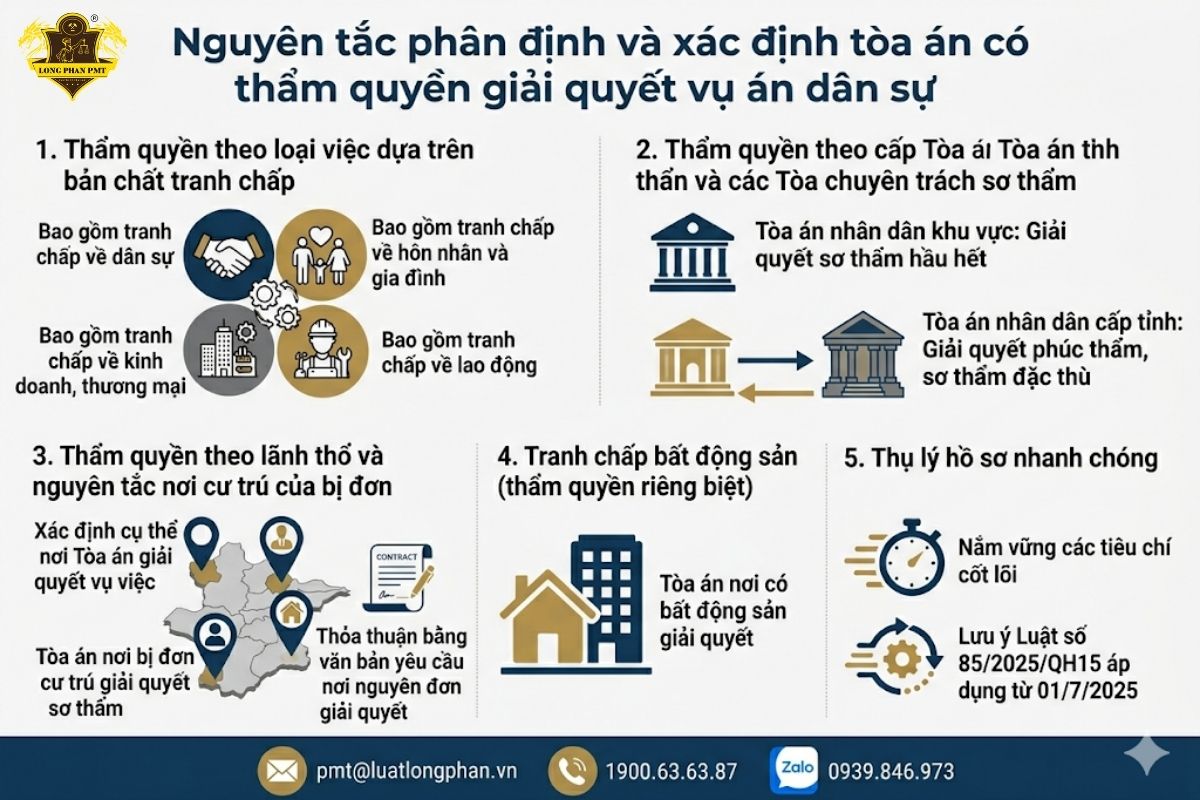 Các nguyên tắc phân định và xác định tòa án có thẩm quyền giải quyết vụ án dân sự.