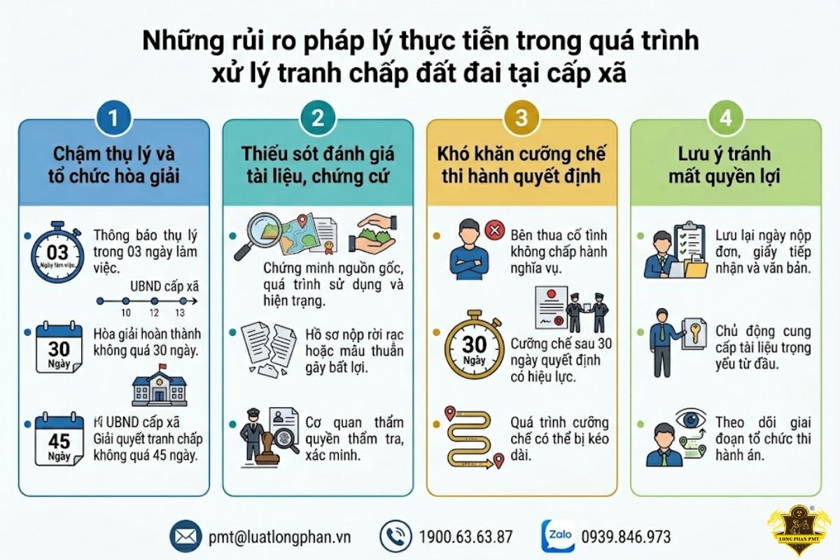 Các rủi ro pháp lý thực tiễn trong quá trình xử lý tranh chấp đất đai tại cấp xã thường gặp.

