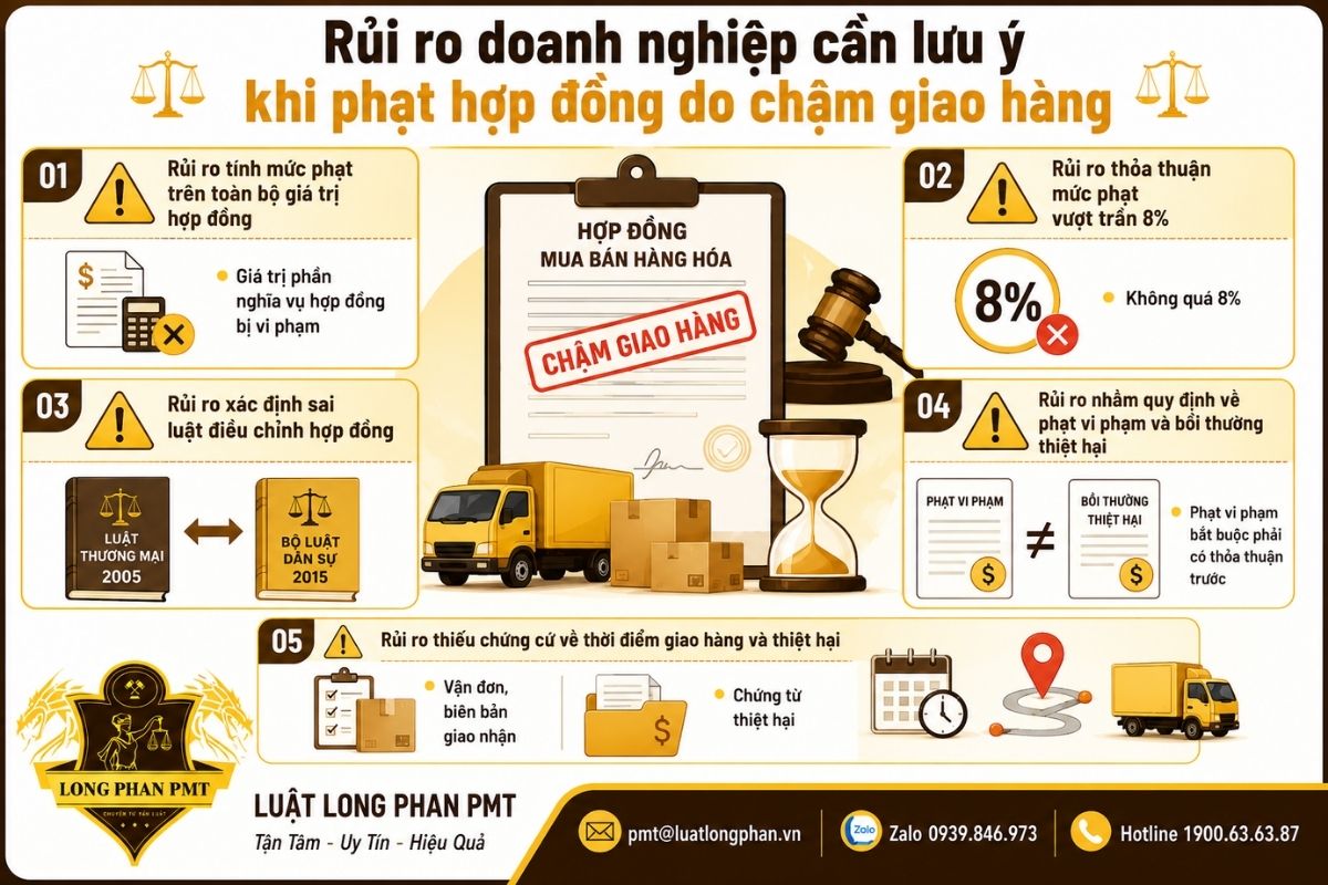 Rủi ro khi áp dụng phạt hợp đồng chậm giao hàng về mức phạt, luật điều chỉnh và chứng cứ giao hàng.