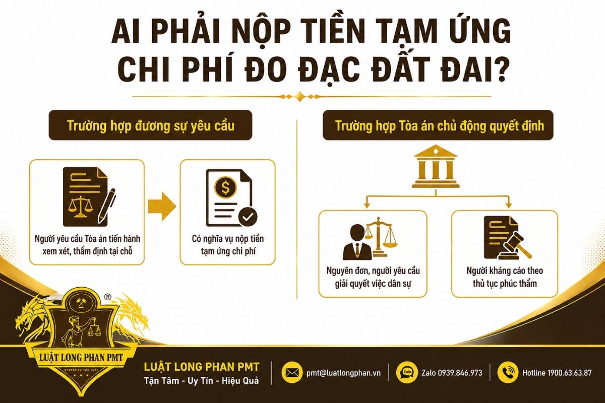 Tạm ứng chi phí đo đạc đất đai khi đương sự yêu cầu hoặc Tòa án chủ động quyết định.