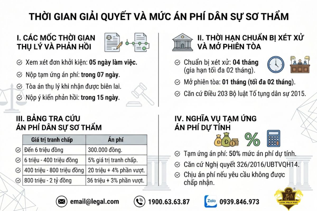 Thời gian giải quyết và mức án phí dân sự sơ thẩm khi khởi kiện thừa kế.