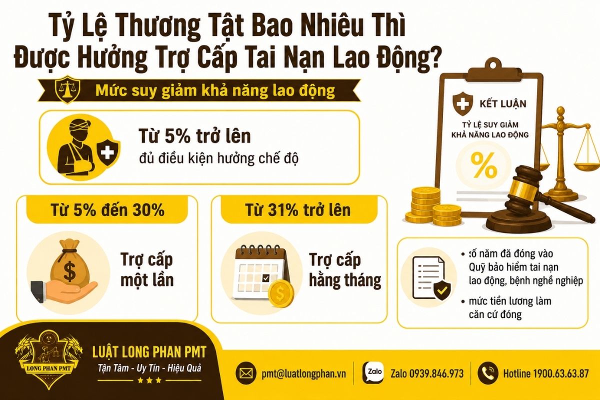 Trợ cấp tai nạn lao động theo tỷ lệ thương tật từ 5% và hình thức hưởng tương ứng.