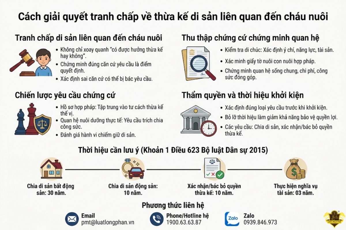 Cách giải quyết tranh chấp thừa kế liên quan đến cháu nuôi qua thu thập chứng cứ và thời hiệu khởi kiện.