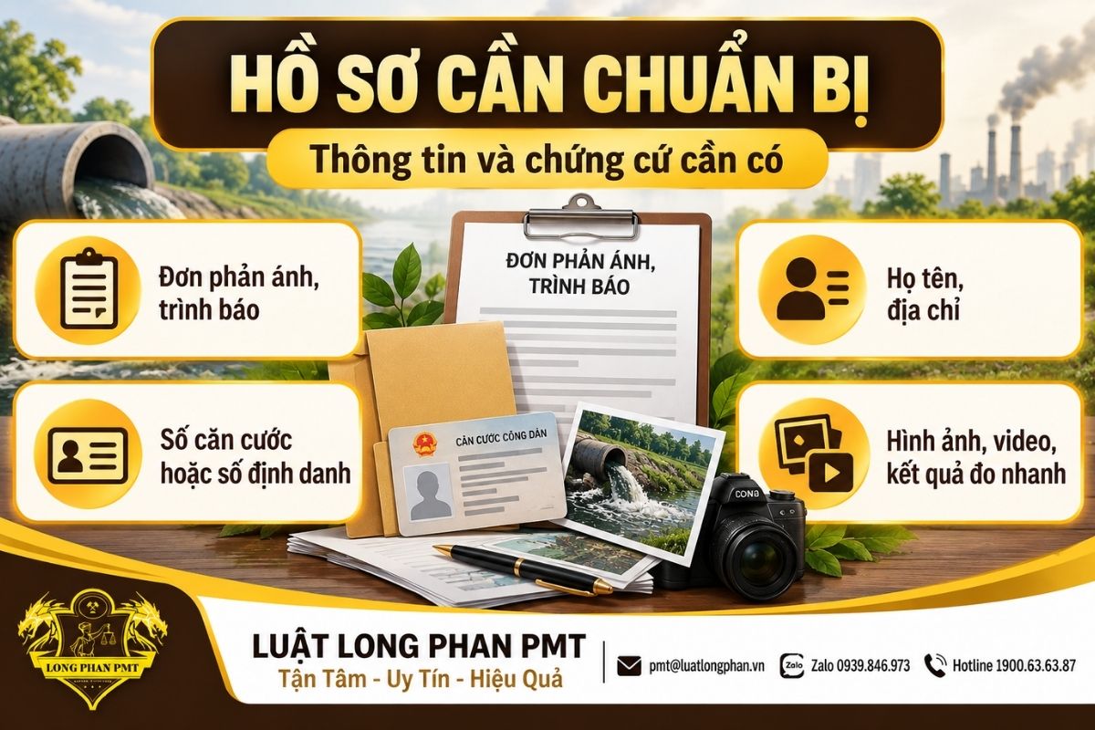 Hồ sơ phản ánh ô nhiễm môi trường gồm đơn, thông tin định danh và tài liệu chứng cứ.