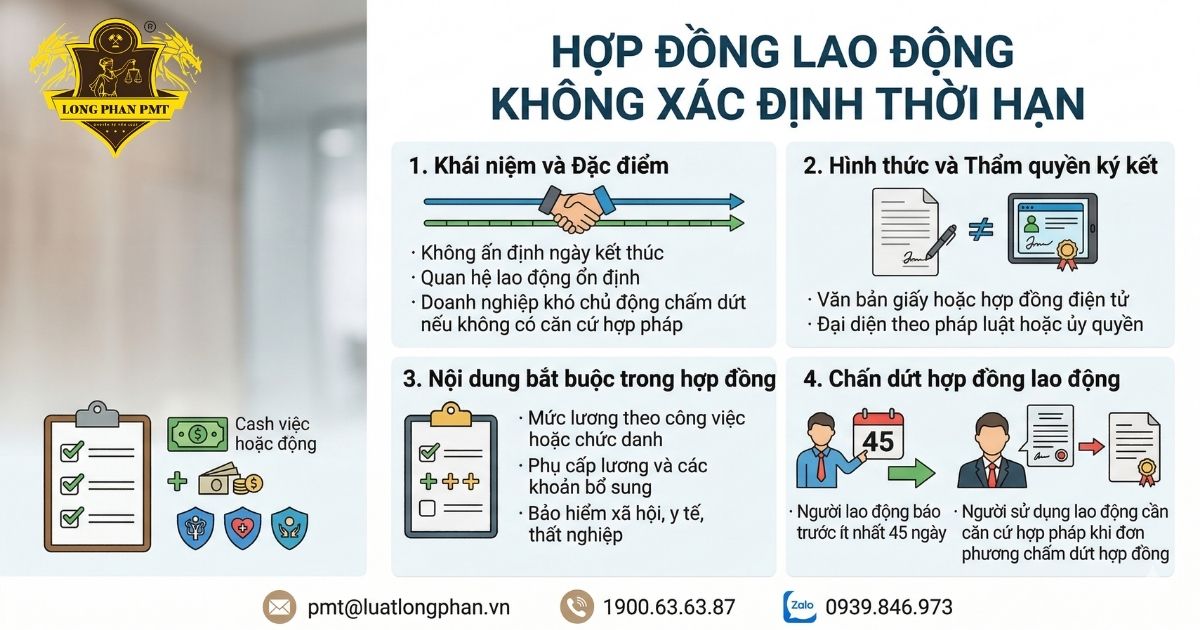 Tóm tắt mẫu hợp đồng lao động không xác định thời hạn đầy đủ nội dung pháp lý.