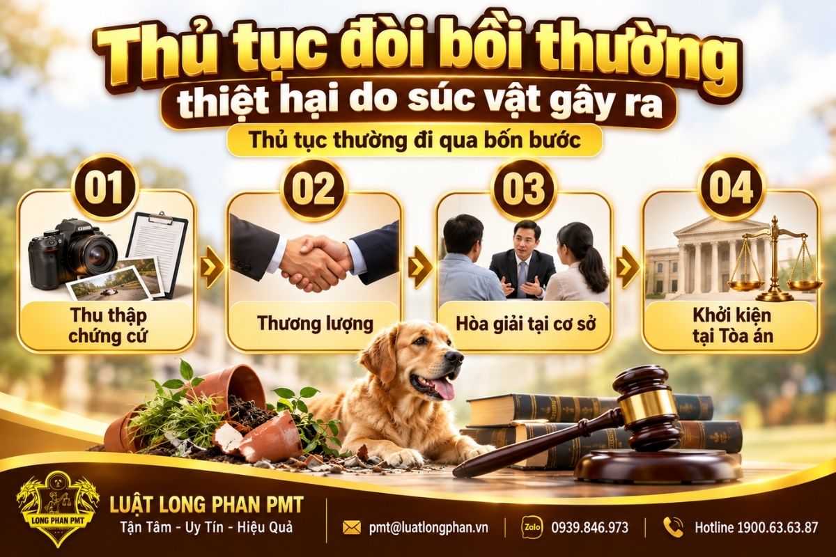 Thủ tục đòi bồi thường do súc vật qua thu thập chứng cứ, thương lượng và khởi kiện.