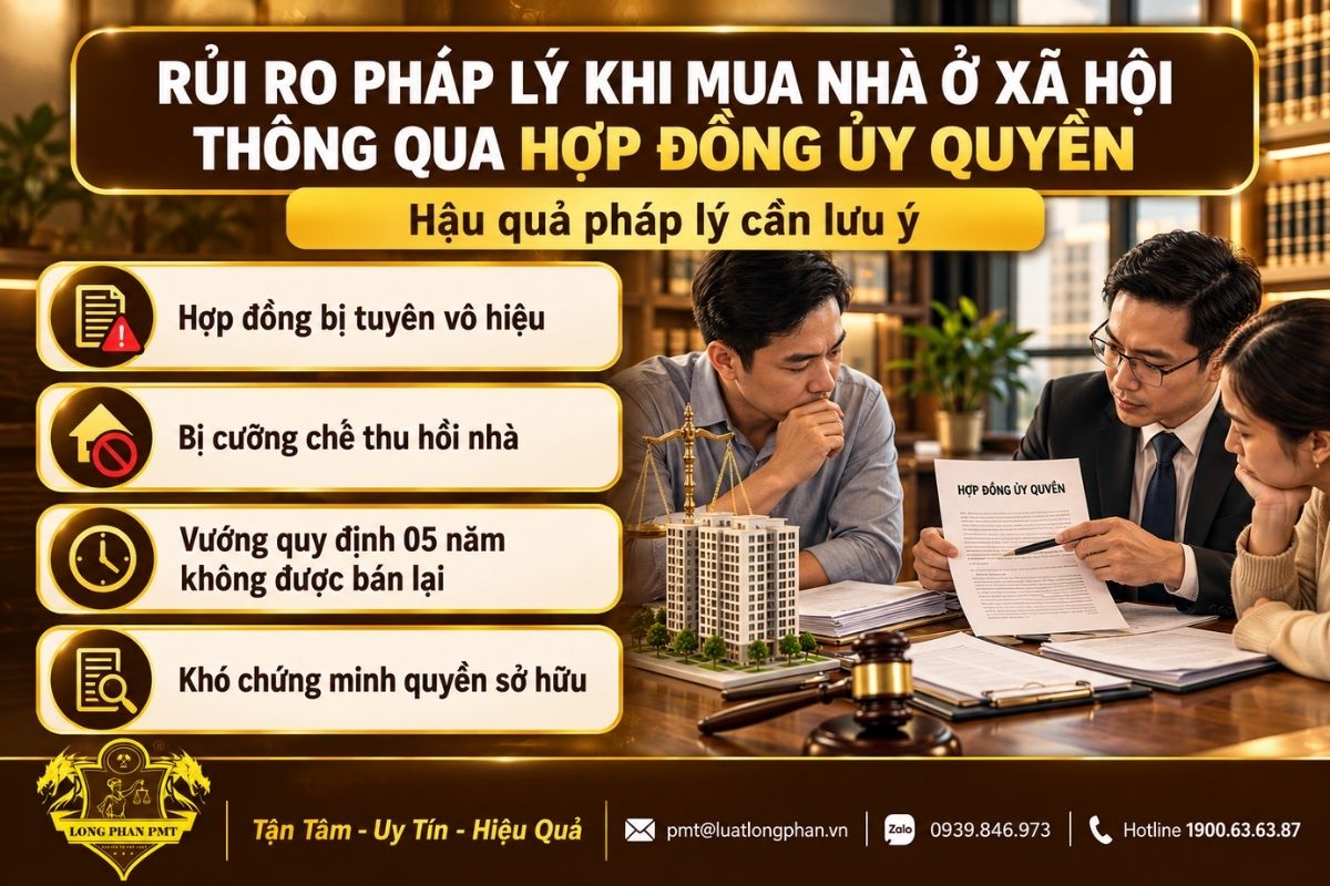 Rủi ro pháp lý khi mua nhà ở xã hội qua ủy quyền, gồm hợp đồng vô hiệu, thu hồi nhà và khó chứng minh quyền sở hữu.