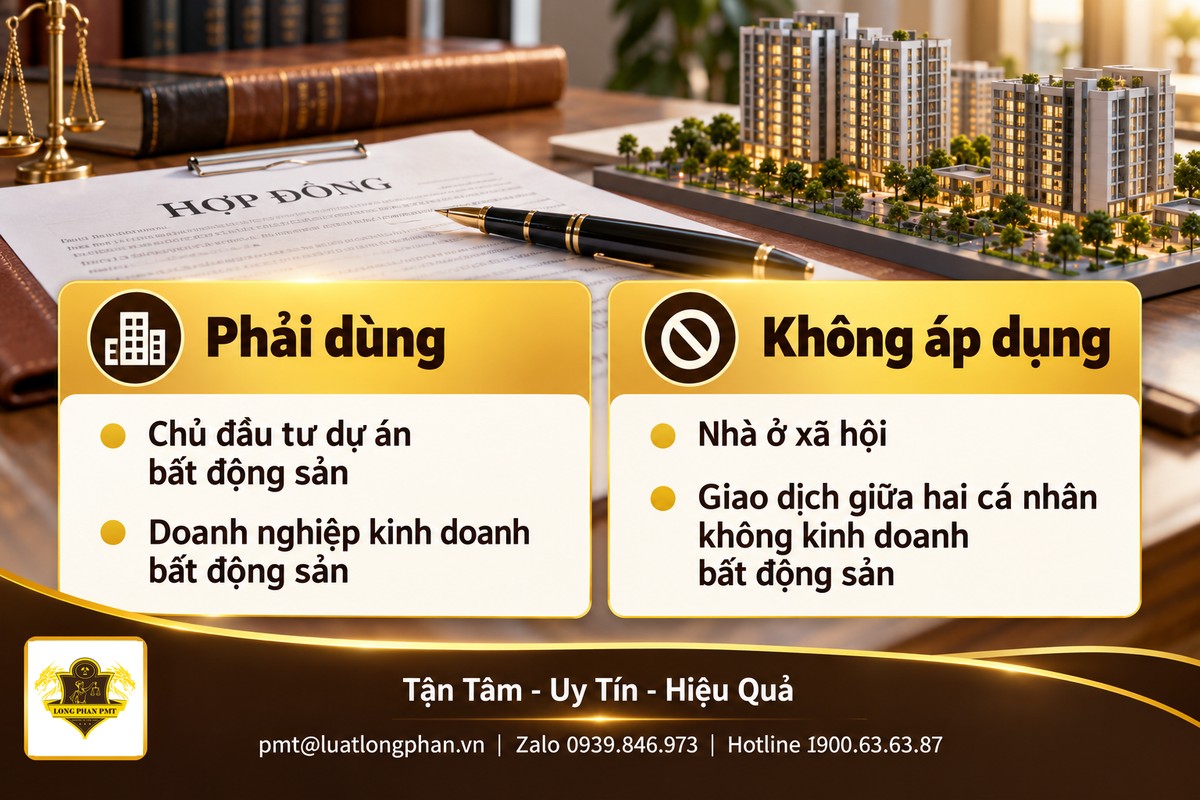 Hợp đồng và mô hình khu căn hộ minh họa đối tượng phải dùng và không áp dụng hợp đồng mẫu kinh doanh bất động sản