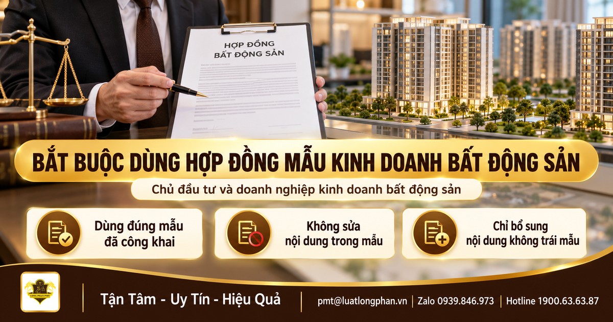 Luật sư cầm hợp đồng bất động sản trước mô hình khu căn hộ, minh họa bắt buộc dùng hợp đồng mẫu kinh doanh bất động sản