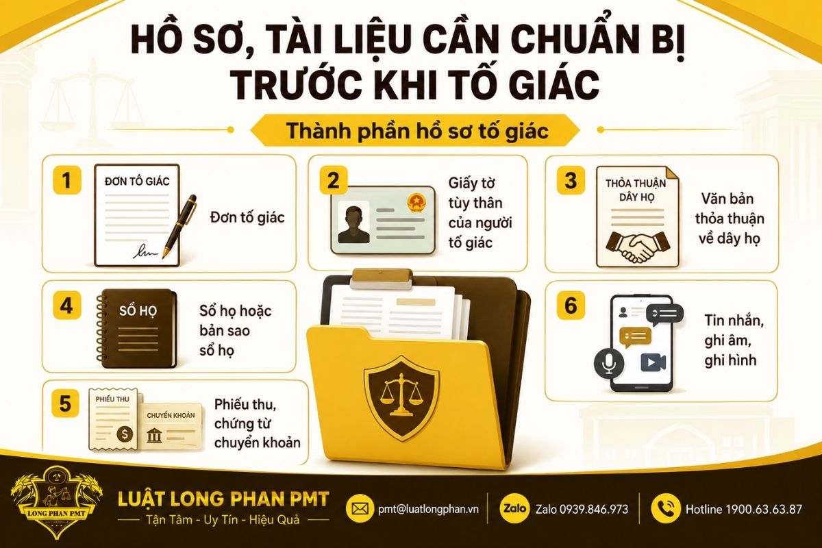 Hồ sơ tố giác cho vay lãi nặng qua dây họ gồm đơn, sổ họ, chứng từ và tin nhắn.