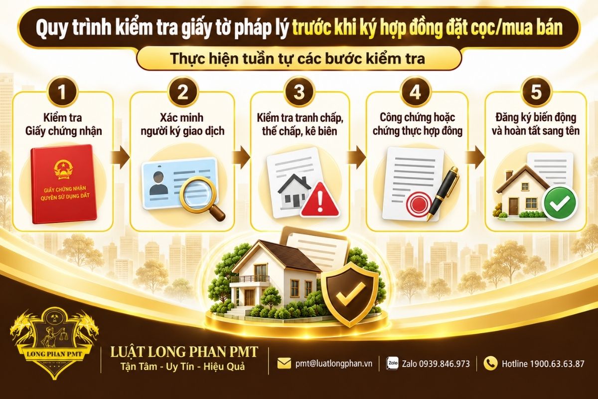 Quy trình kiểm tra giấy tờ pháp lý trước khi ký hợp đồng đặt cọc hoặc mua bán nhà đất.