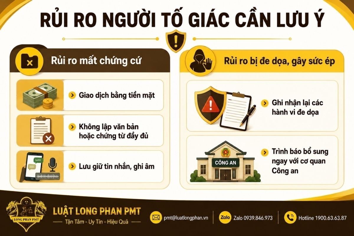 Rủi ro khi tố giác cho vay lãi nặng gồm mất chứng cứ và bị đe dọa, gây sức ép.