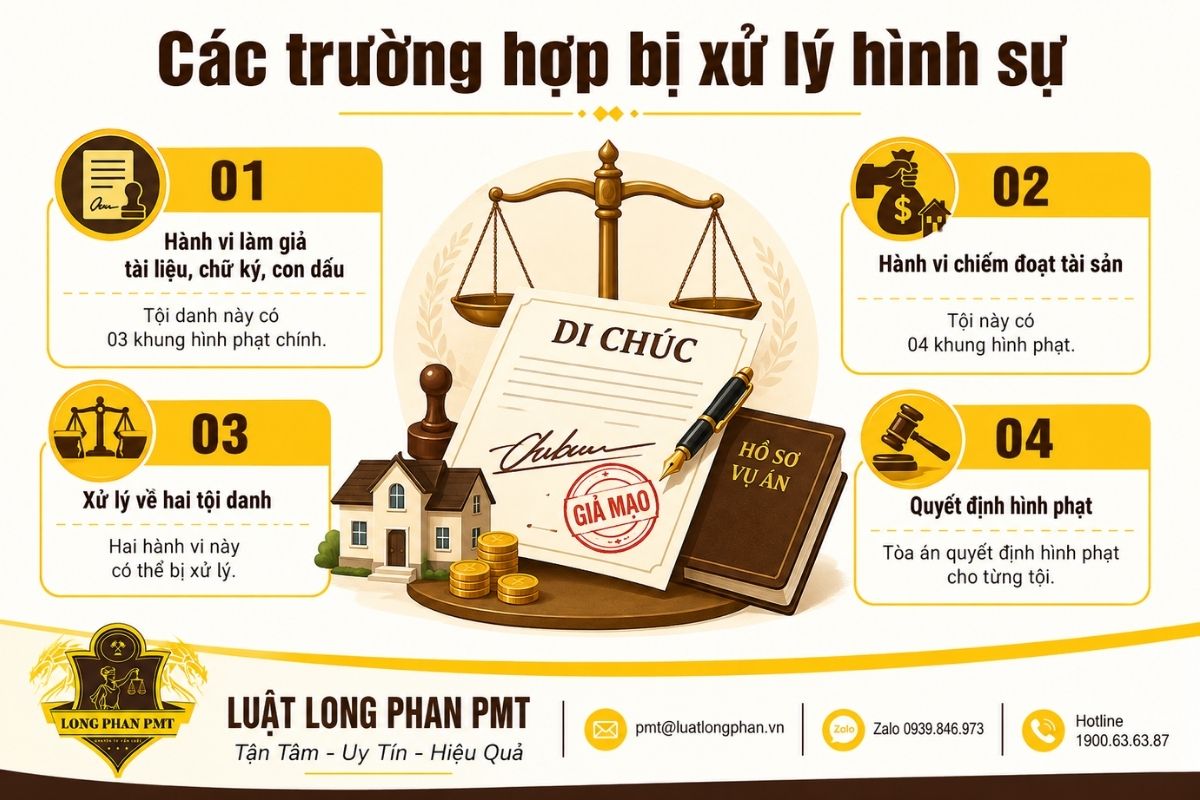 Xử lý hình sự hành vi làm giả di chúc qua làm giả tài liệu và chiếm đoạt tài sản.